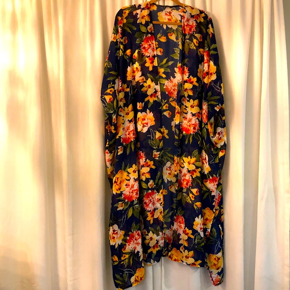 Floral kimono - lightweight, flowy coverup - blue
